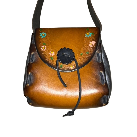 Vintage Hand Tooled Hand Painted Leather Purse Brown Grey Pink Floral BoHo 70’s - Picture 2 of 8